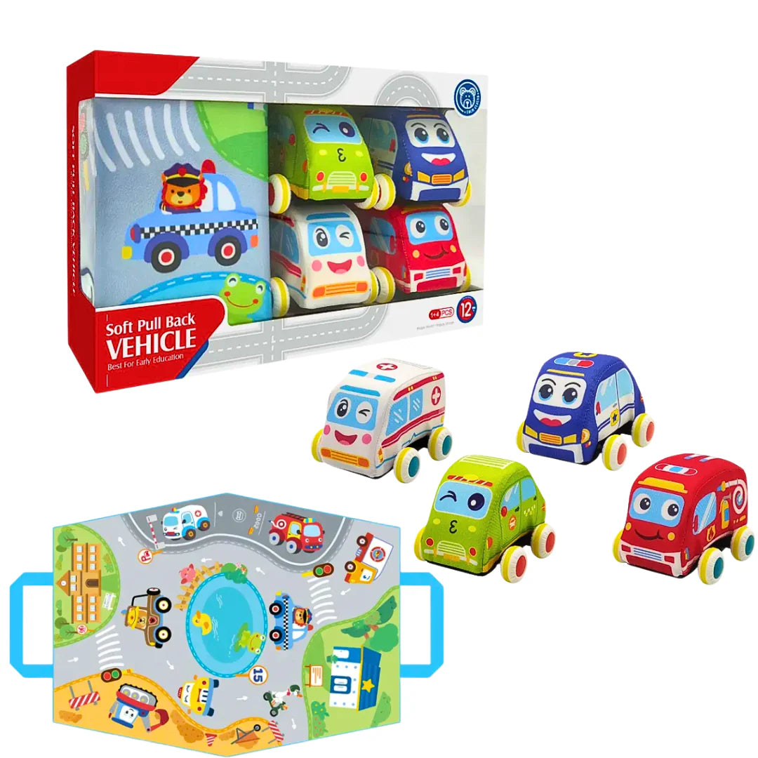 Set 4 Autos de Tela Acolchados a Fricción para bebé